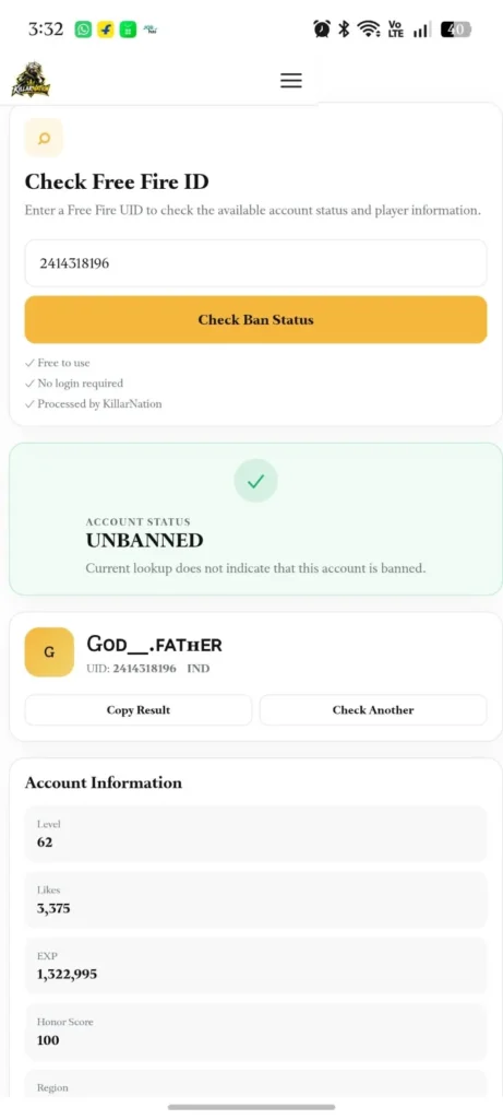 Free Fire ID Ban Check or not - Check UID Ban Status image alt